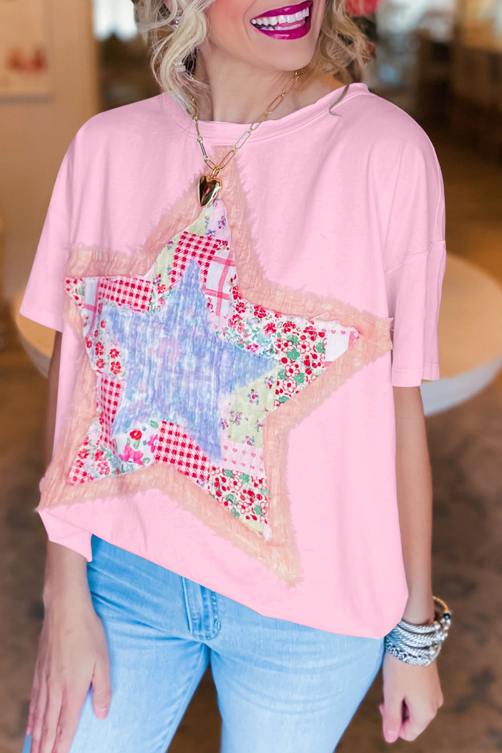 Shewin Wholesale Fall Pink Vibrant Star Patchwork Loose T-SHIRT