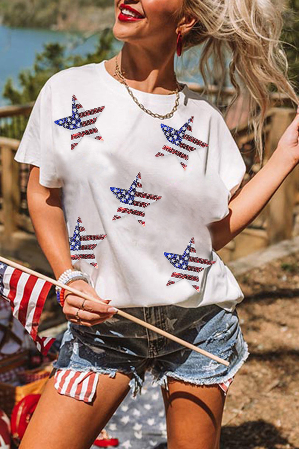 Shewin Wholesale Distributor White Sequin American FLAG Star Graphic T Shirt