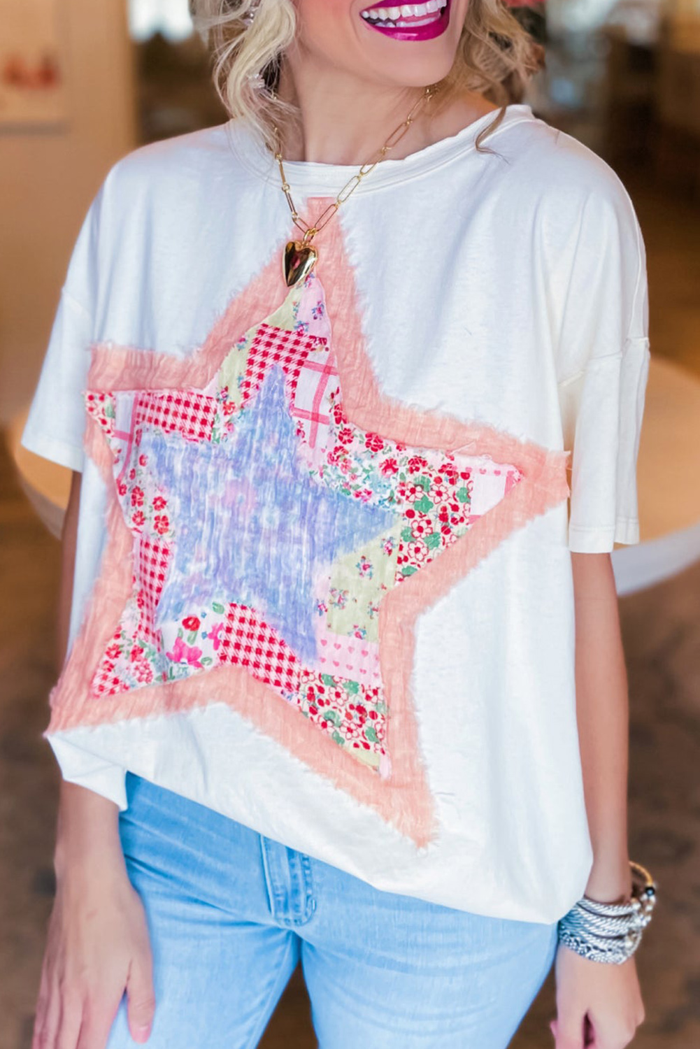 Shewin Wholesale New arrival White Vibrant Star Patchwork Loose T-SHIRT