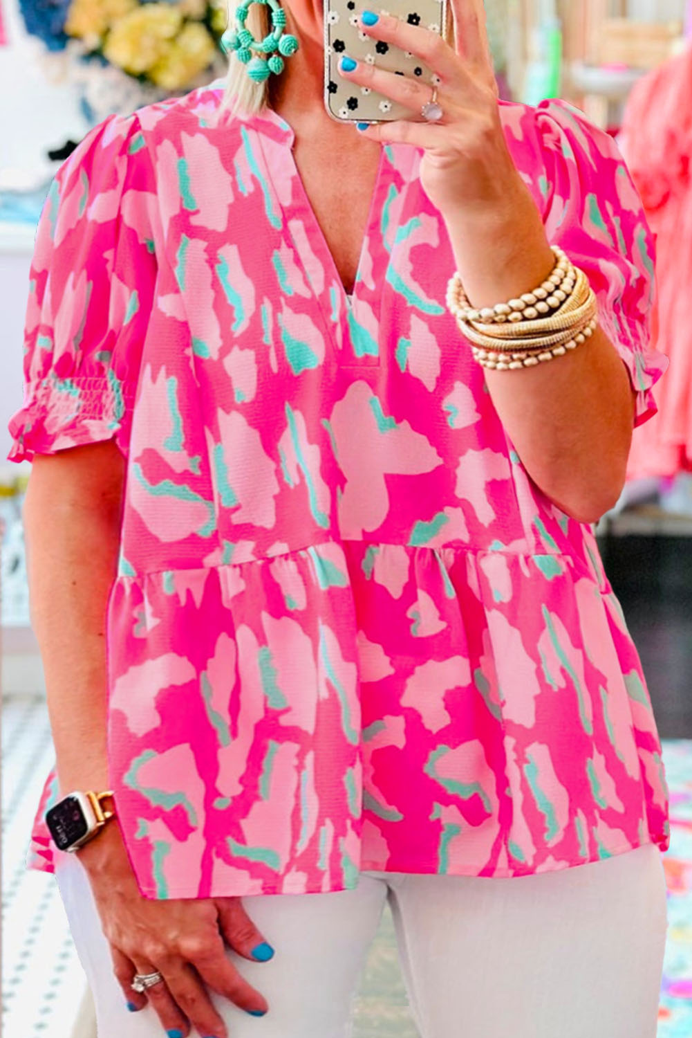 Shewin Wholesale NEW arrival Rose Plus Size Abstract Print Puff Sleeve V Neck Blouse