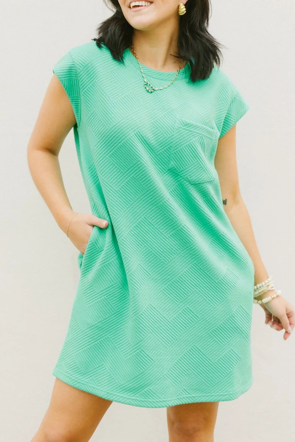 Shewin Wholesale CLOTHING Mint Green Plain Textured Pocketed Mini Dress