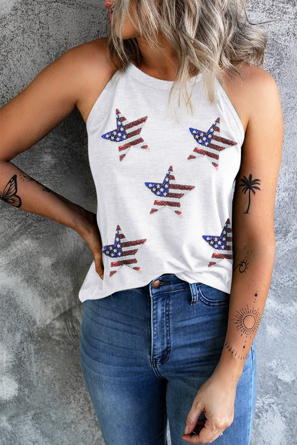 Shewin Wholesale Stores White Sequin American FLAG Star Graphic Tank Top