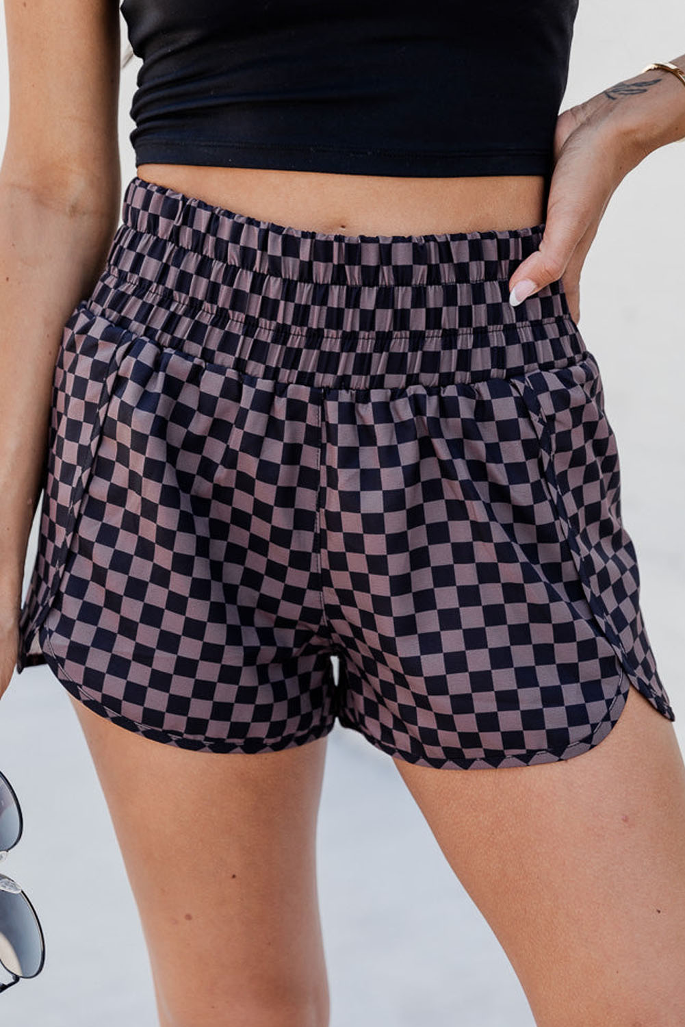 Shewin Wholesale Dropshipping Brown Plaid Print High Waisted Athletic SHORTS