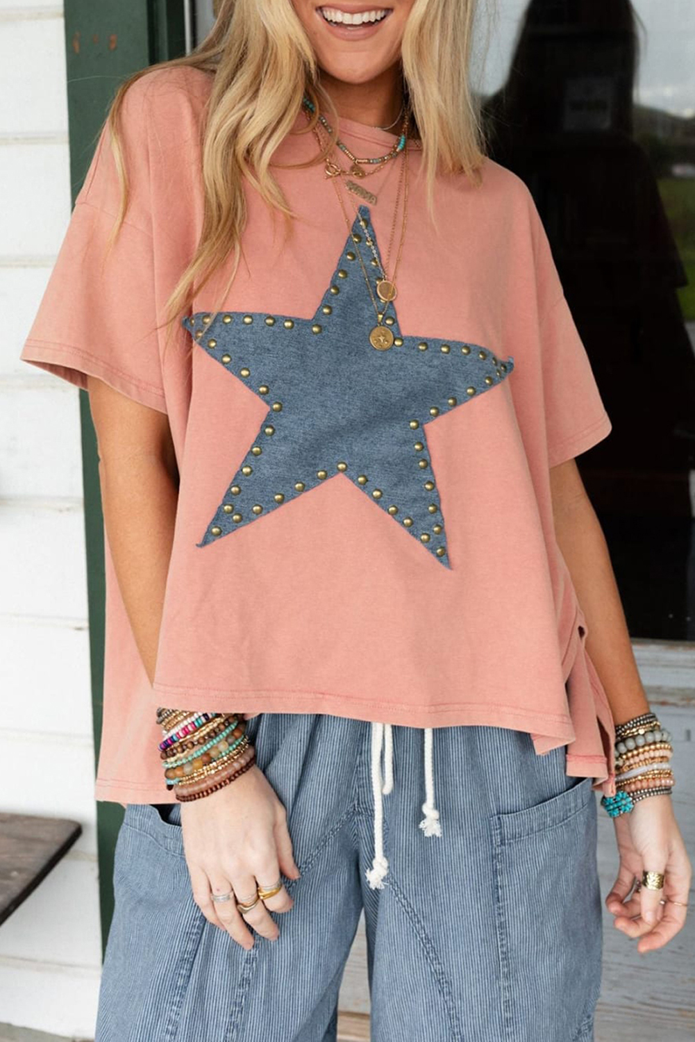 Shewin Wholesale Clothes Apricot Pink Studded Star Patch Side Slits High Low Tee
