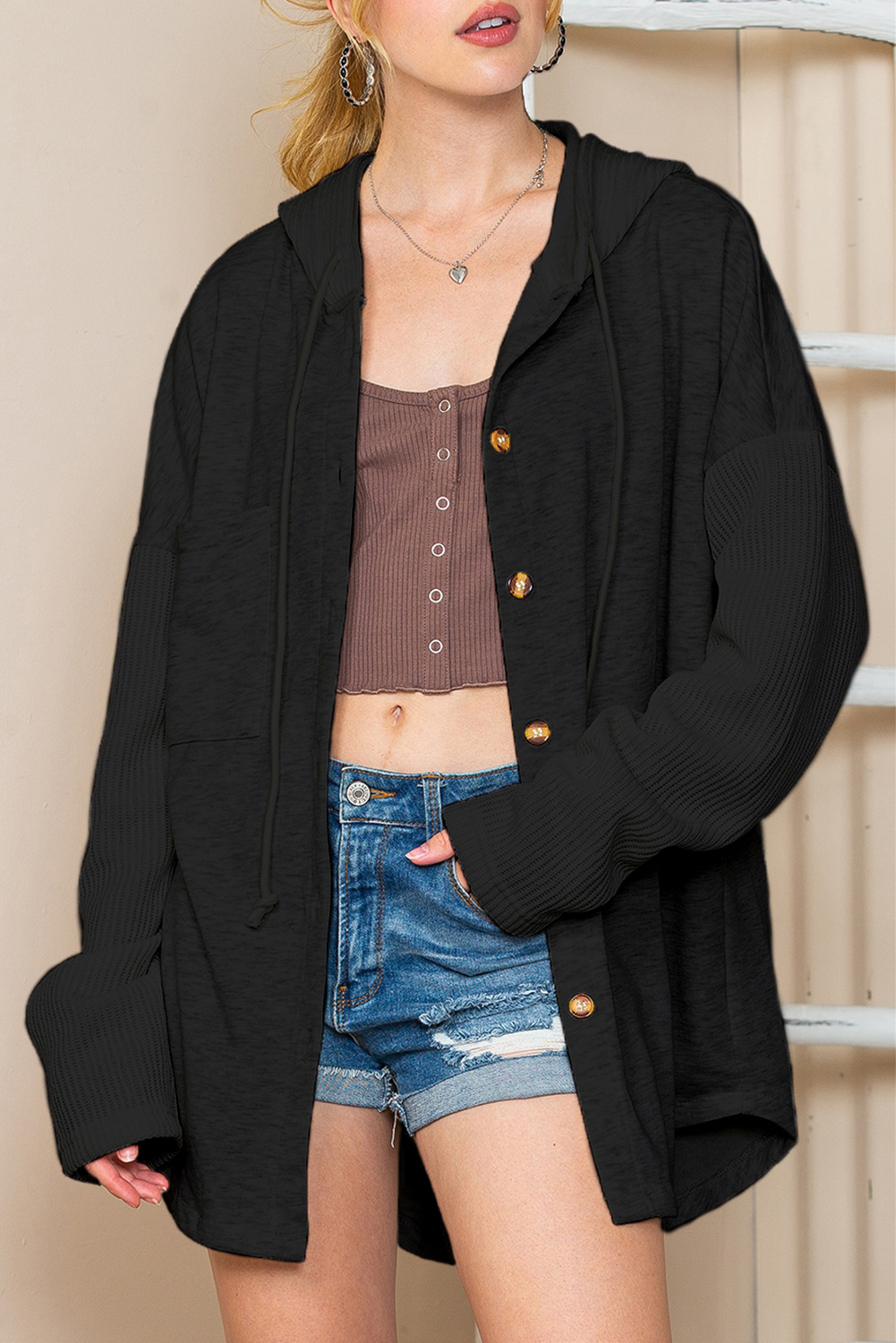 Shewin Wholesale Cheap Black Button Up Knitted Patchwork Sleeve Hoodie