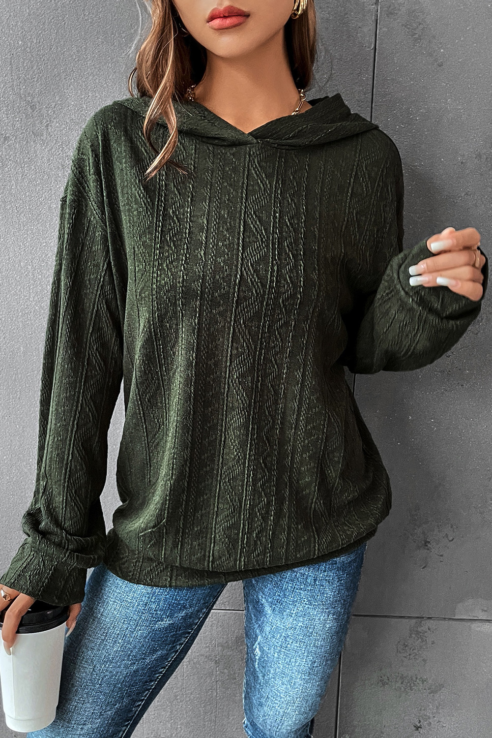 Shewin Wholesale High Quality Duffel Green Textured Knit Pullover Hoodie
