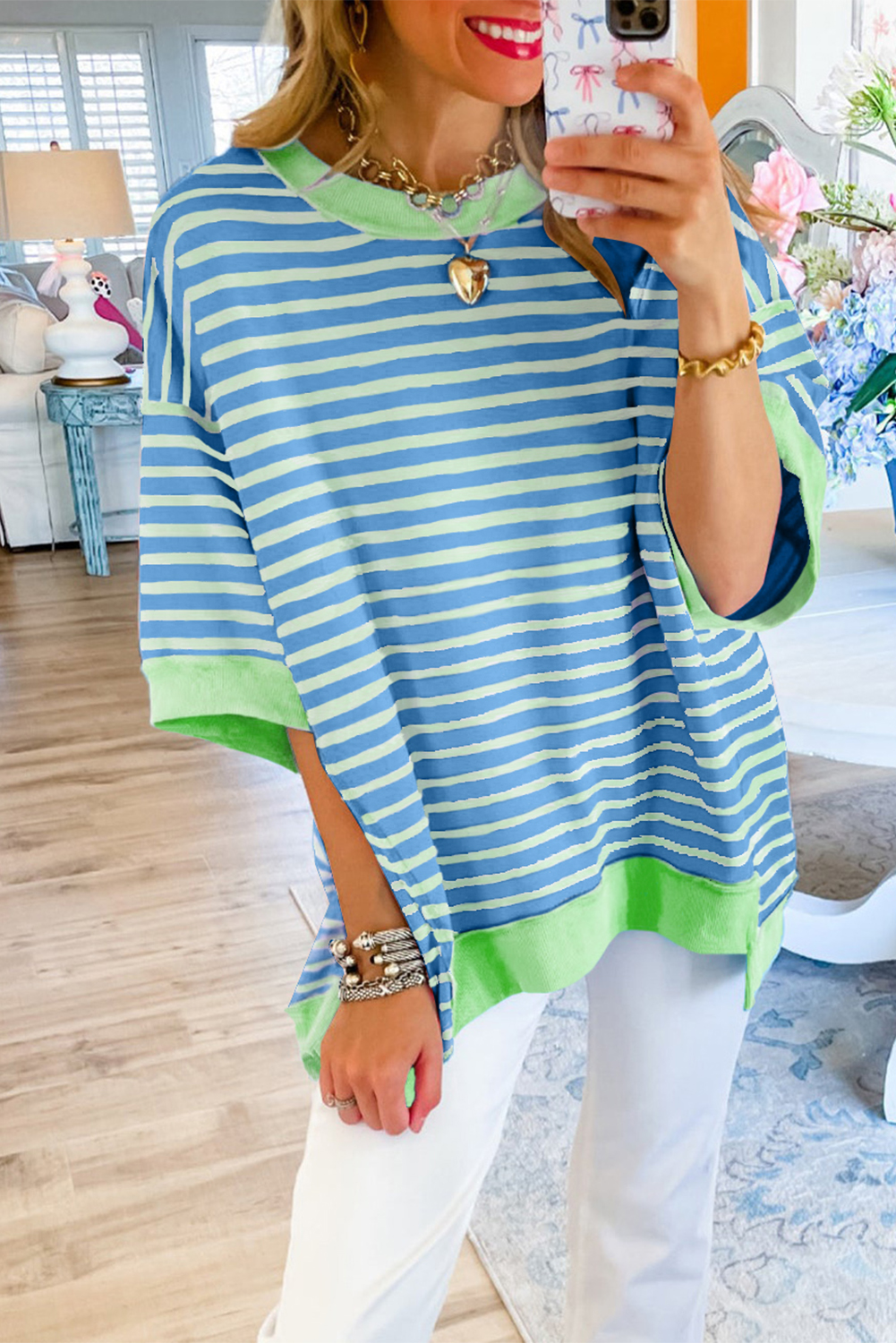Shewin Wholesale Dropshipping Sky Blue Stripe Contrast Drop Sleeve Loose Top