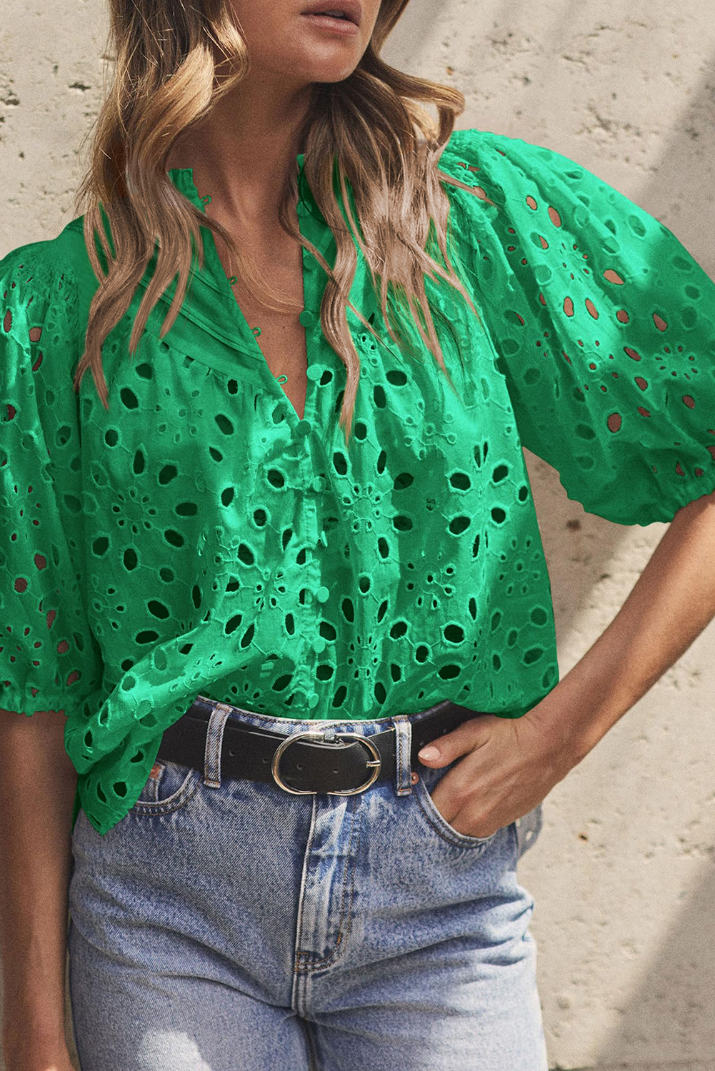 Shewin Wholesale Chic Women Green FLOWER Hollow-out Short Puff Sleeve Blouse