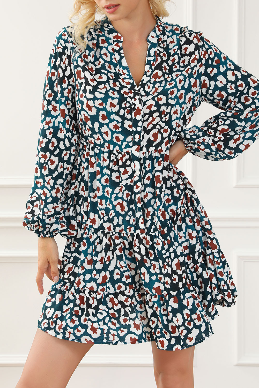 Blue Leopard Print Bubble Sleeve Ruffled Shirt Dress
