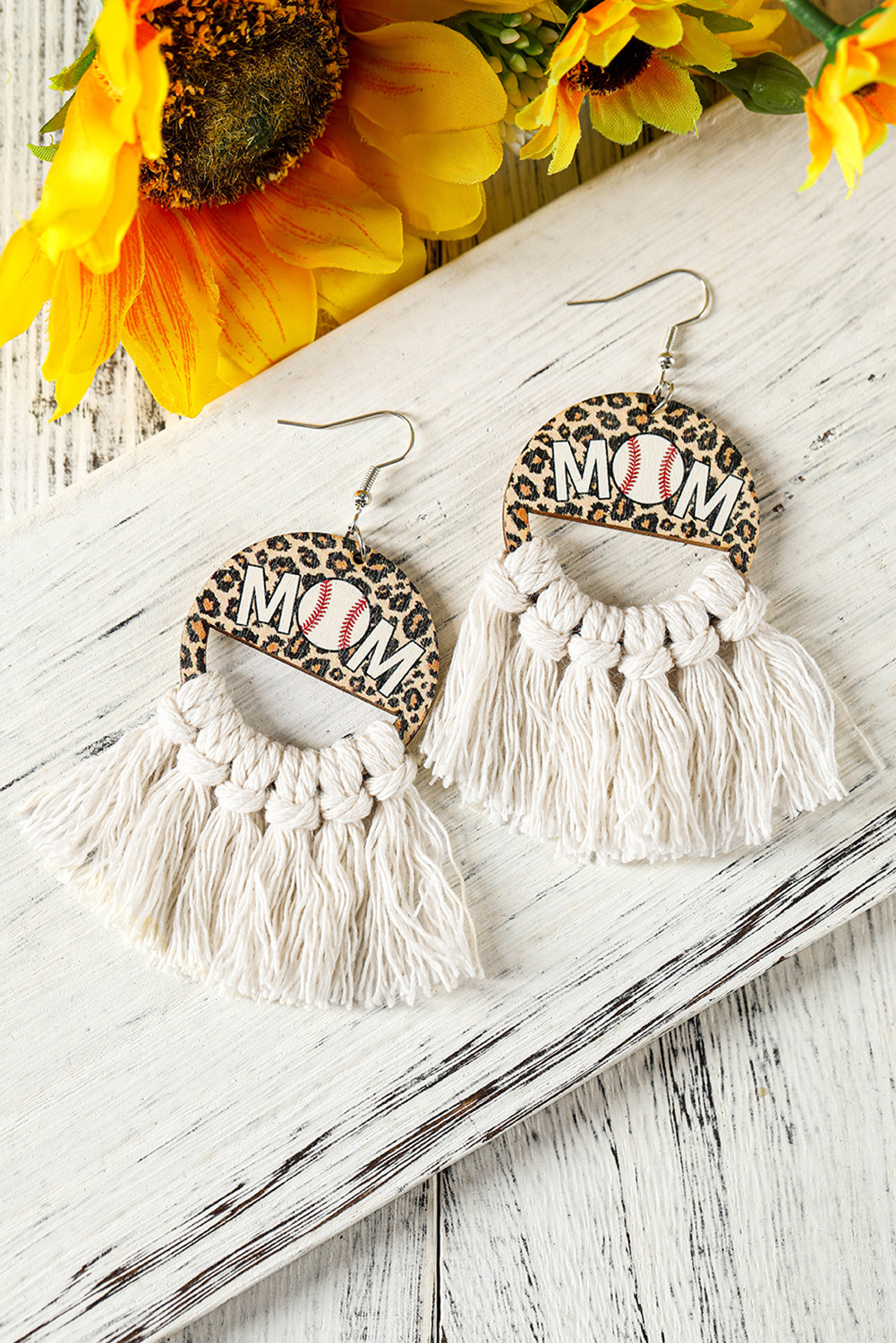 Shewin Wholesale Trendy White Leopard Rugby MOM Print Fringed Hook Earrings