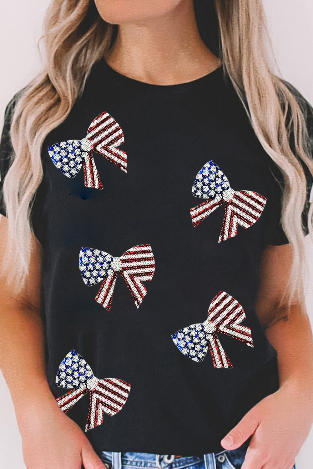 Black Sequined FLAG Bowknot Graphic Roll Up Sleeve T Shirt