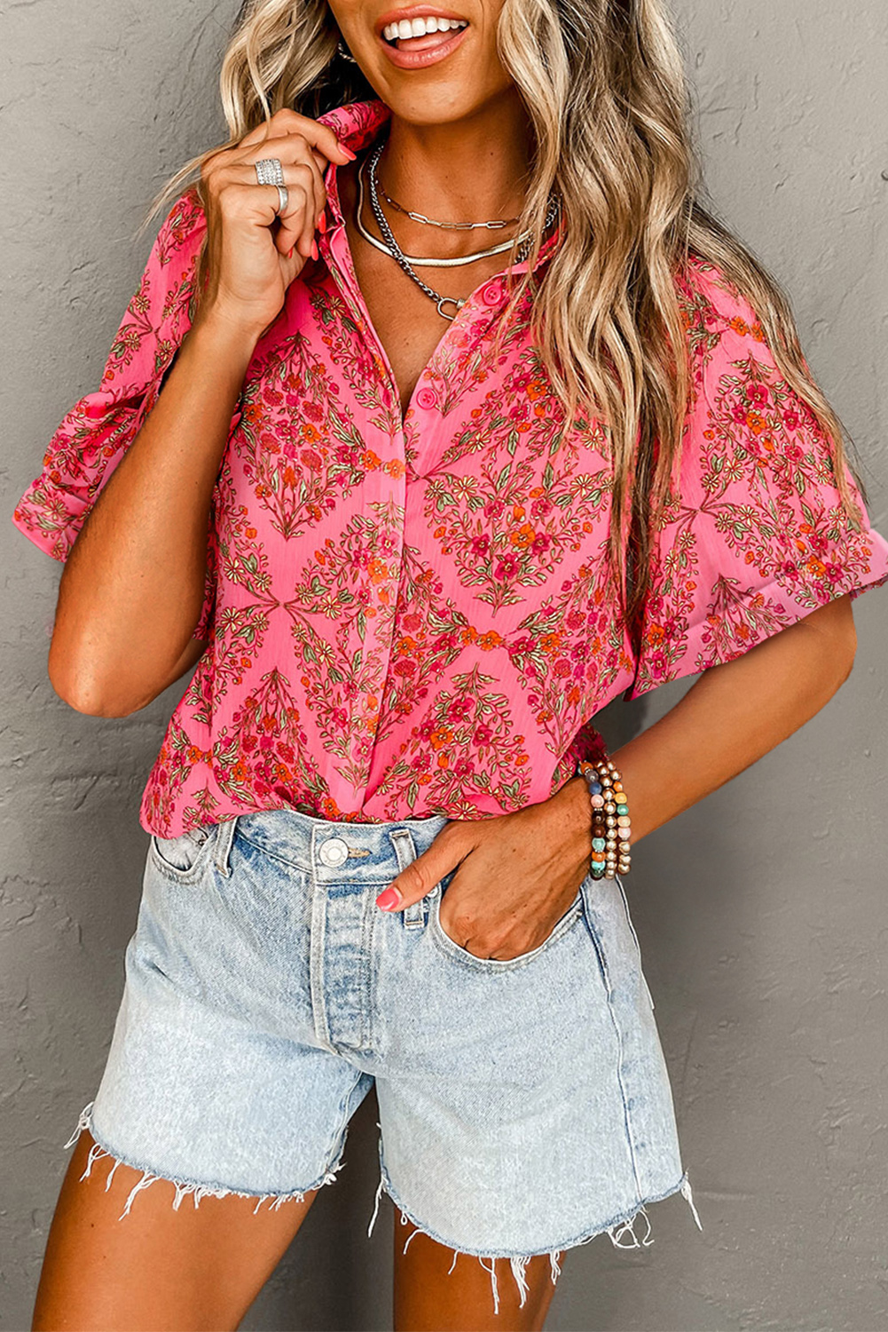 Shewin Wholesale Clothing Rose Red Floral Print Short Sleeve Loose SHIRT