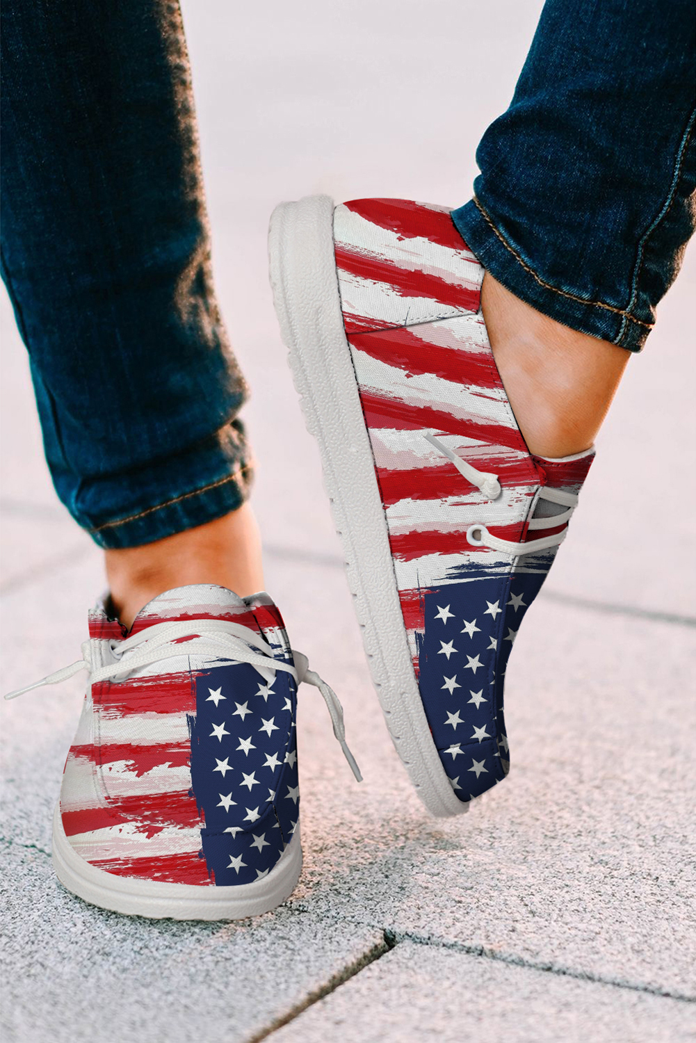 Shewin Wholesale Elegant Red Fourth of July Flag Pattern Lace Up Flat Shoes