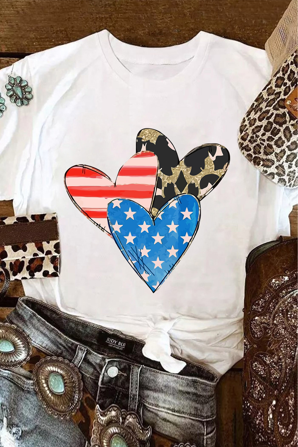 White Stars Stripe Leopard Heart Print Graphic T Shirt