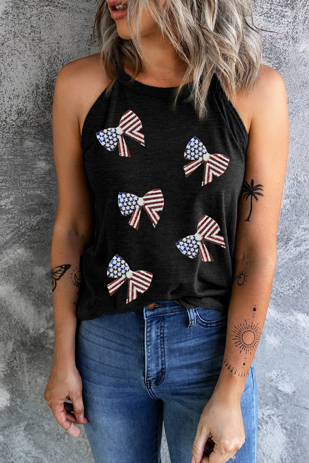Black Sequined Flag Bowknot Graphic Halter Tank Top