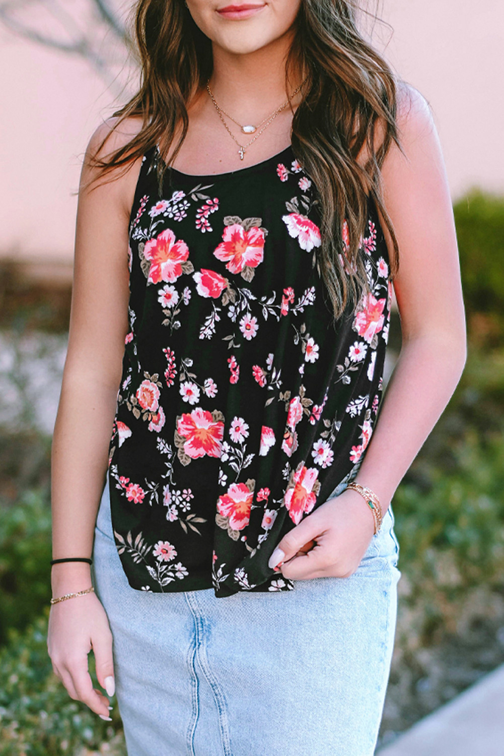 Black Floral Spaghetti Strappy Backless Camisole