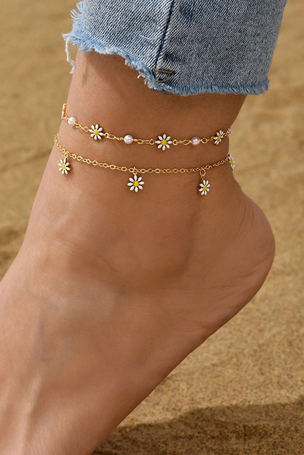 Shewin Wholesale Clothing Gold Daisy & Pearl Chain ANKLET