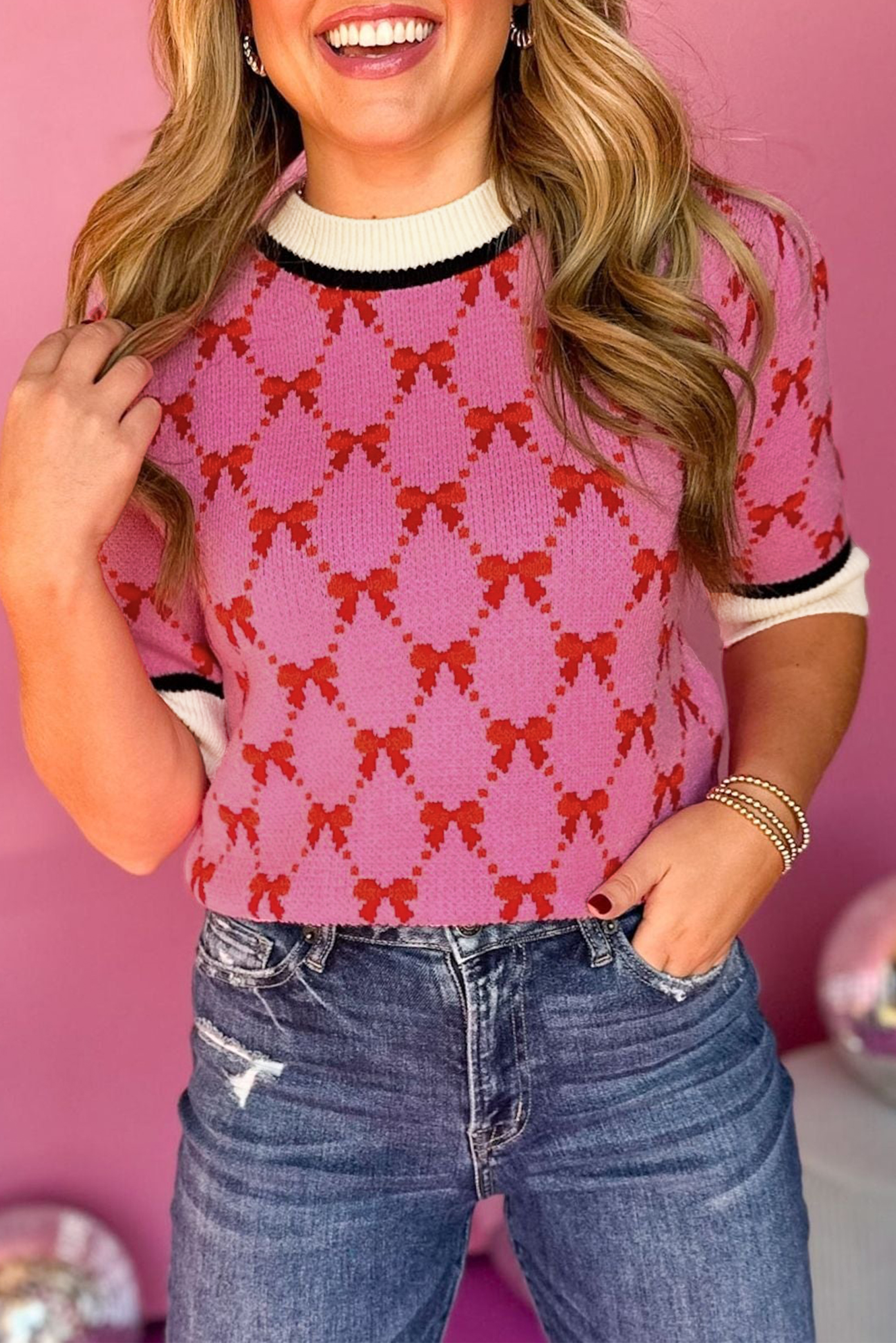 Pink Bow Print Contrast Trim SHORT Sleeve Knit Tee