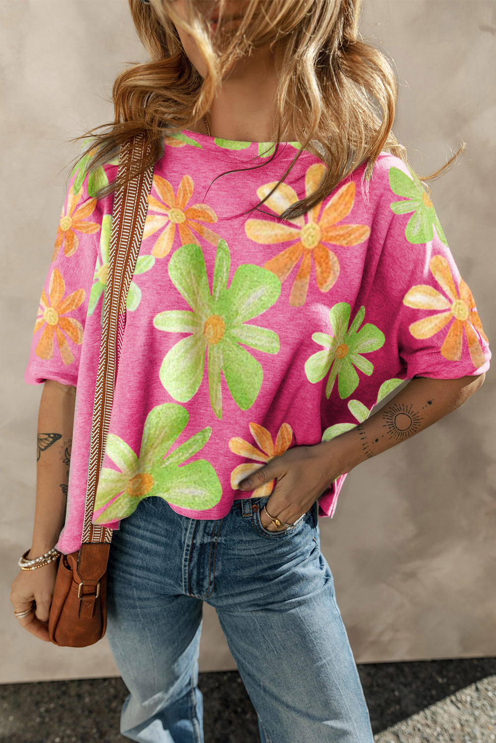 Shewin Wholesale Fashion Rose 60s Vintage FLOWER Print Batwing Sleeve T Shirt
