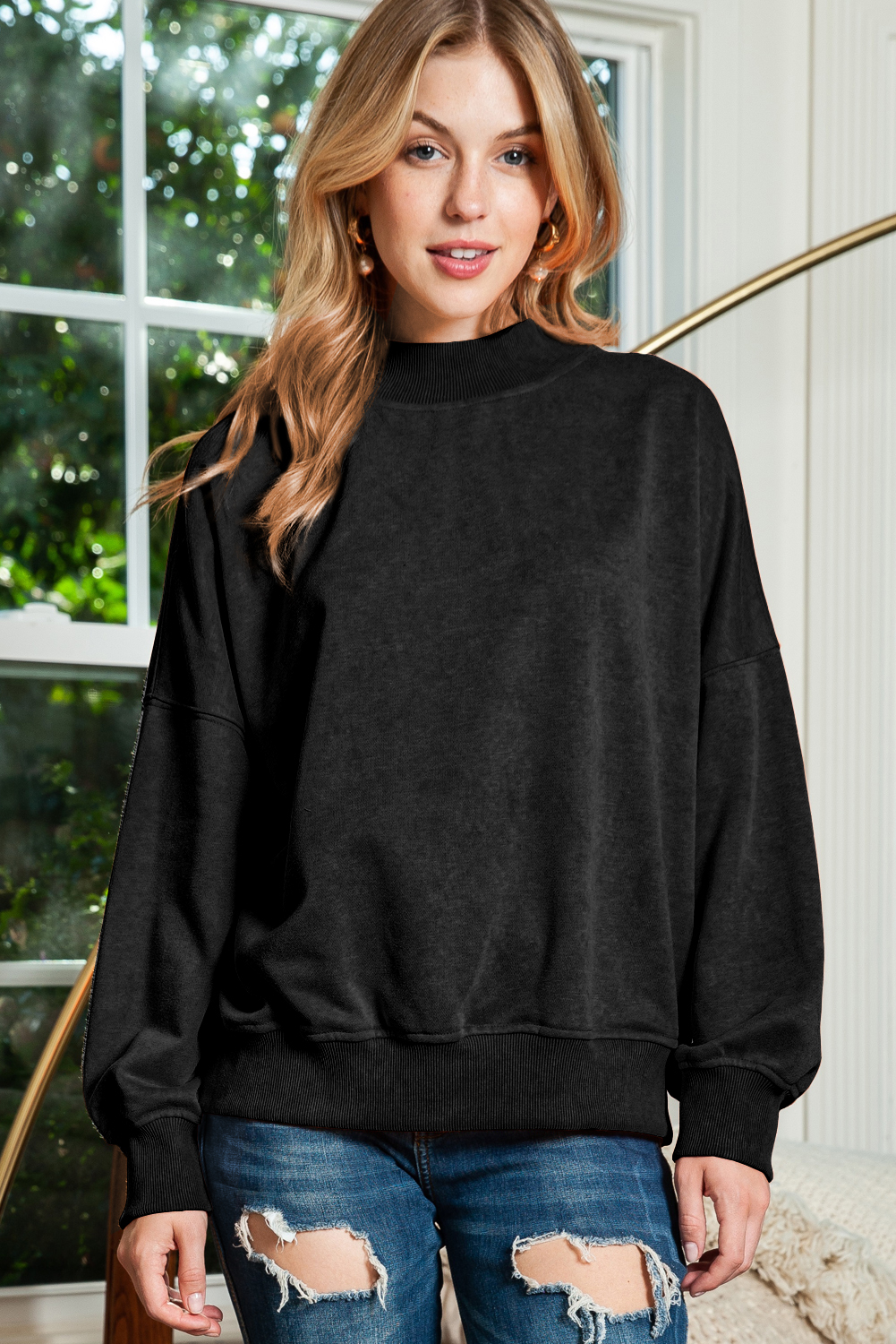 Shewin Wholesale Vendors Black Plain Drop Shoulder Crew Neck Pullover Sweatshirt