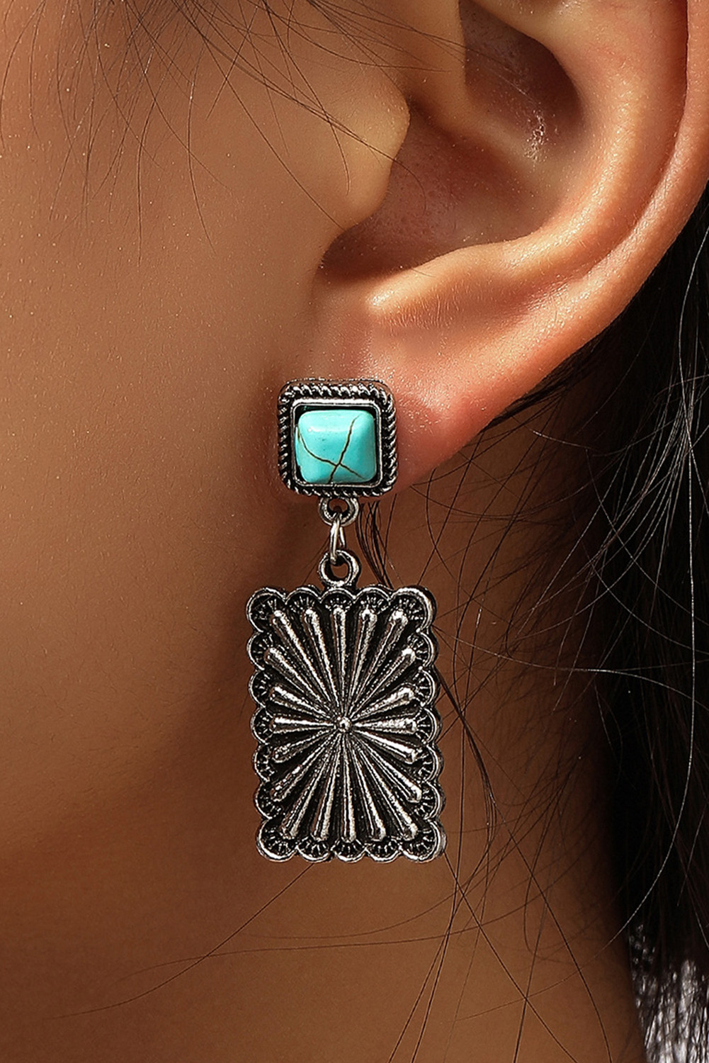 Silvery Retro Geometric Turquoise Dropping Earrings