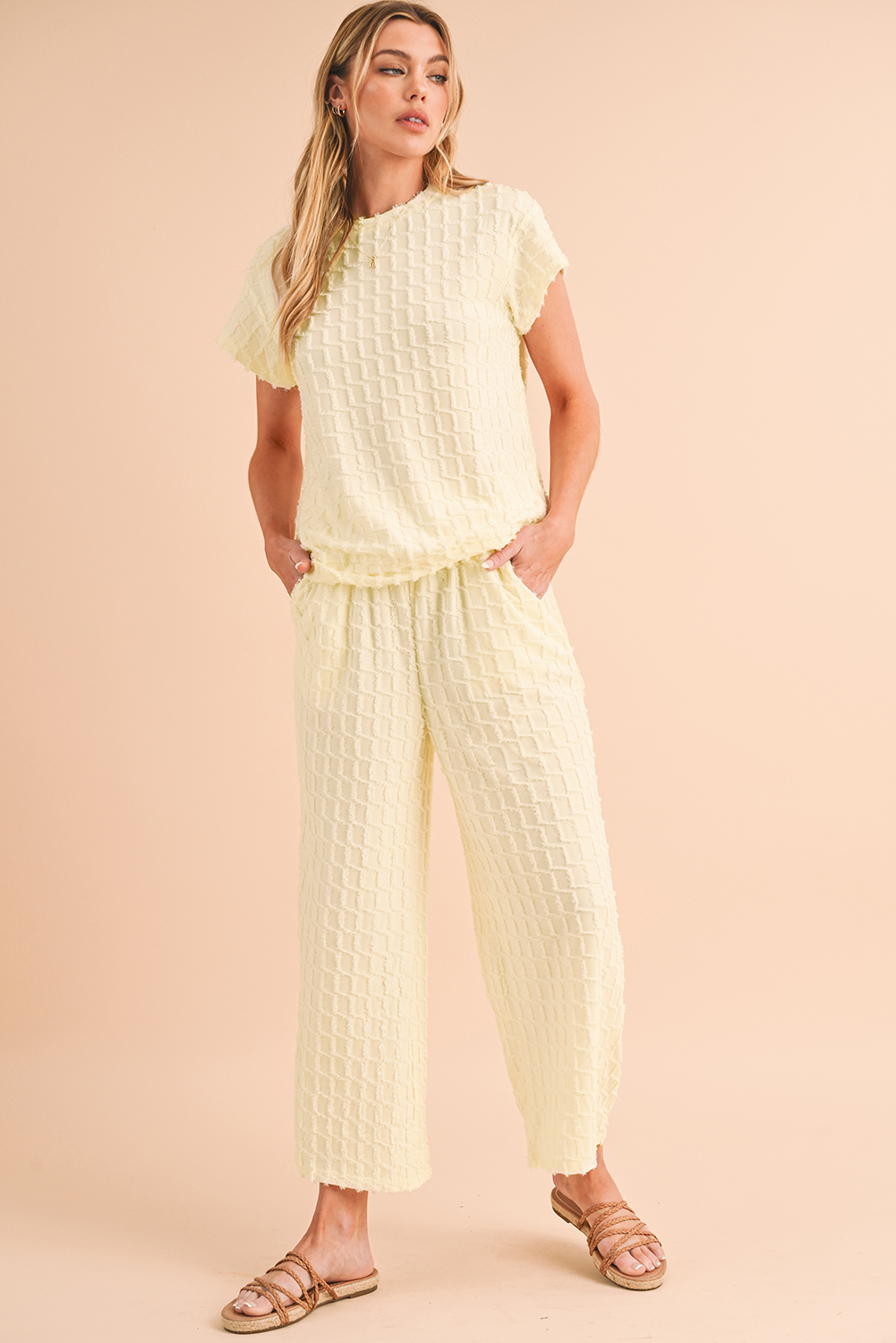 Shewin Wholesale Western Apricot Lattice Textured Tee and Wide Leg PANTS Two-Piece Set