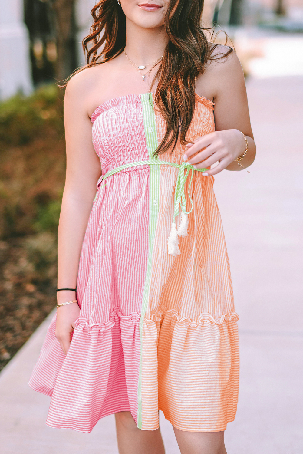 Pink Stripe Color Block Smocked Button Front Frilled Strapless Mini DRESS