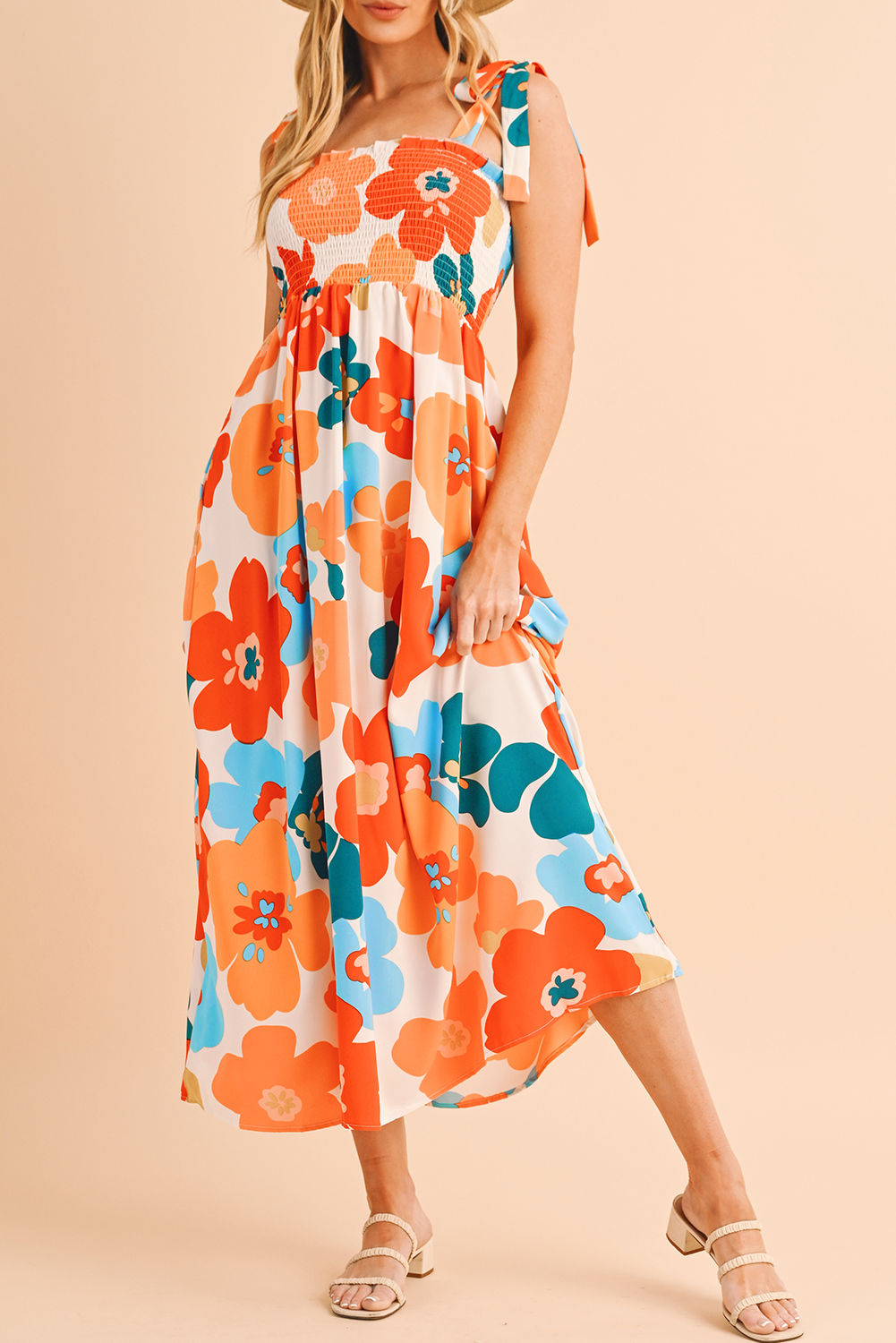 Shewin Wholesale Stores Orange 60s Floral Printed Shoulder TIE Smocked Maxi Dress