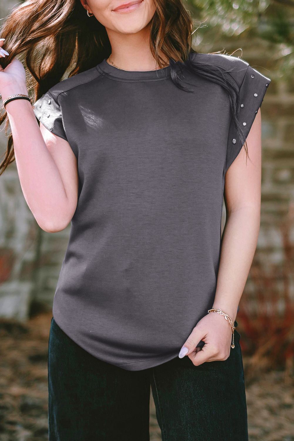 Shewin Wholesale Clothing Dark Grey Casual Studded Round Neck T SHIRT