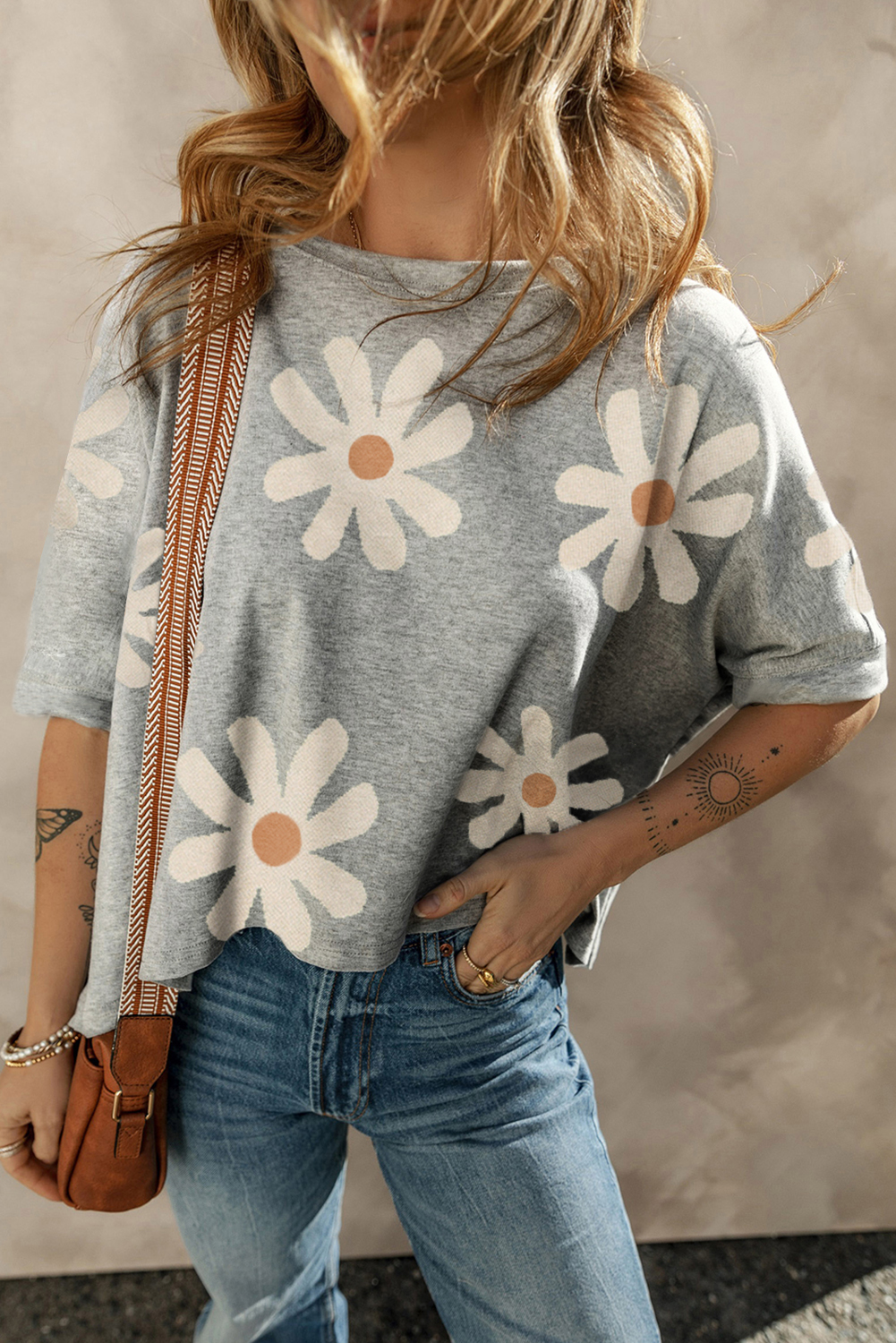 Shewin Wholesale Clothes Gray 60s VINTAGE Flower Print Batwing Sleeve T Shirt