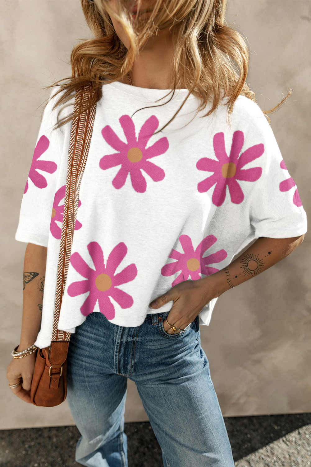 Shewin Wholesale High Quality White 60s Vintage FLOWER Print Batwing Sleeve T Shirt