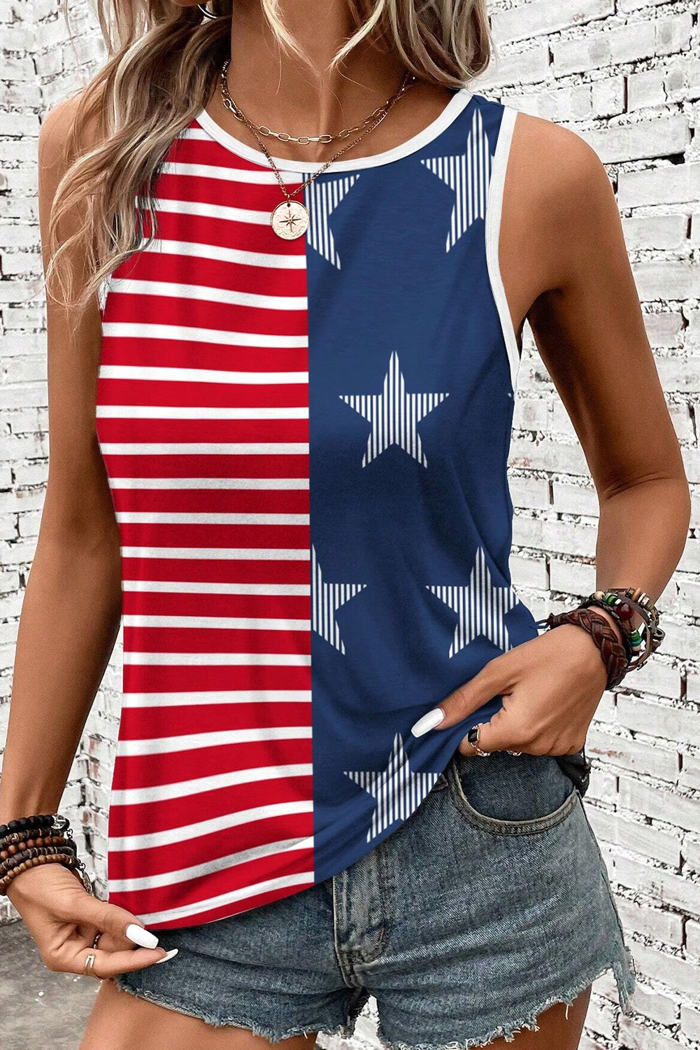 Shewin Wholesale Clothing Red USA FLAG Print Colorblock Round Neck Tank Top