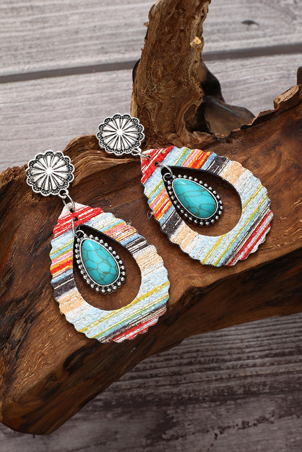 Shewin Wholesale Western Red Hollowed Waterdrop Shape Leather Turquoise EARRINGS