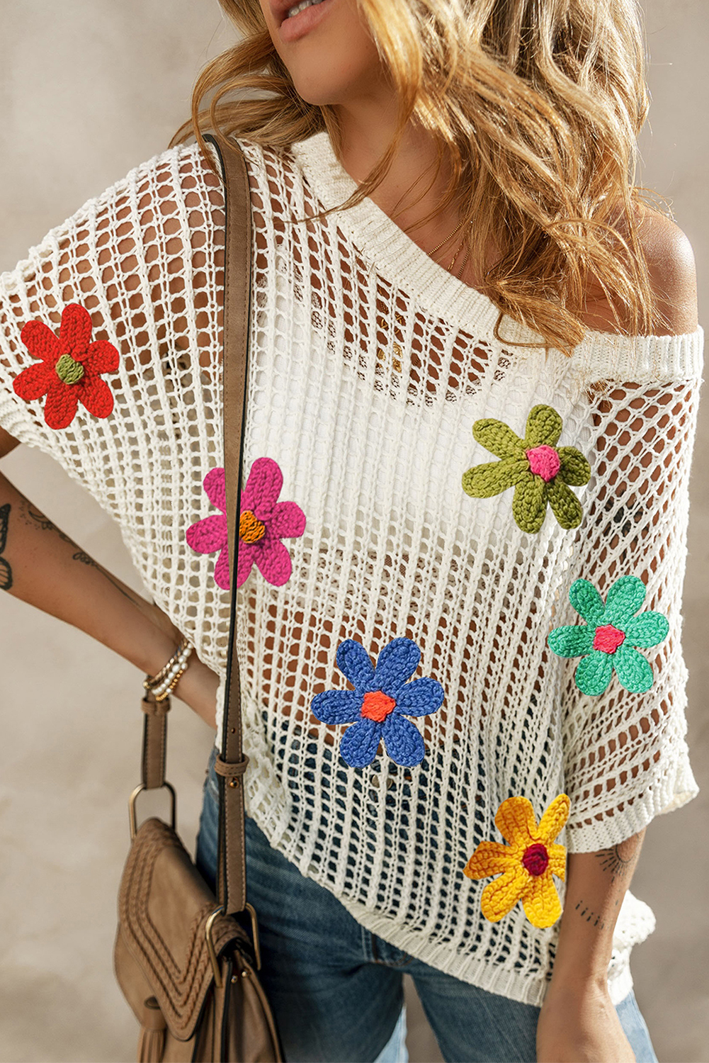 Shewin Wholesale Fall White Hollowed Crochet Colorful FLOWER Loose Knit T Shirt