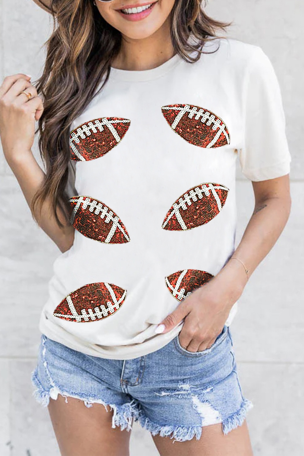 Shewin Dropship White Sequined Rugby Graphic T SHIRT