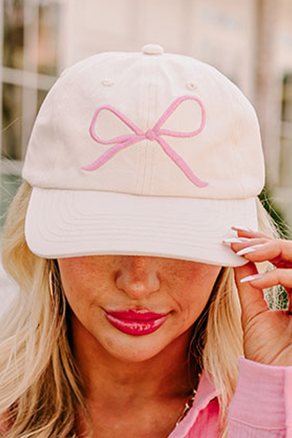 Shewin Wholesale Cheap White Girlish Bow Embroidered Baseball Cap
