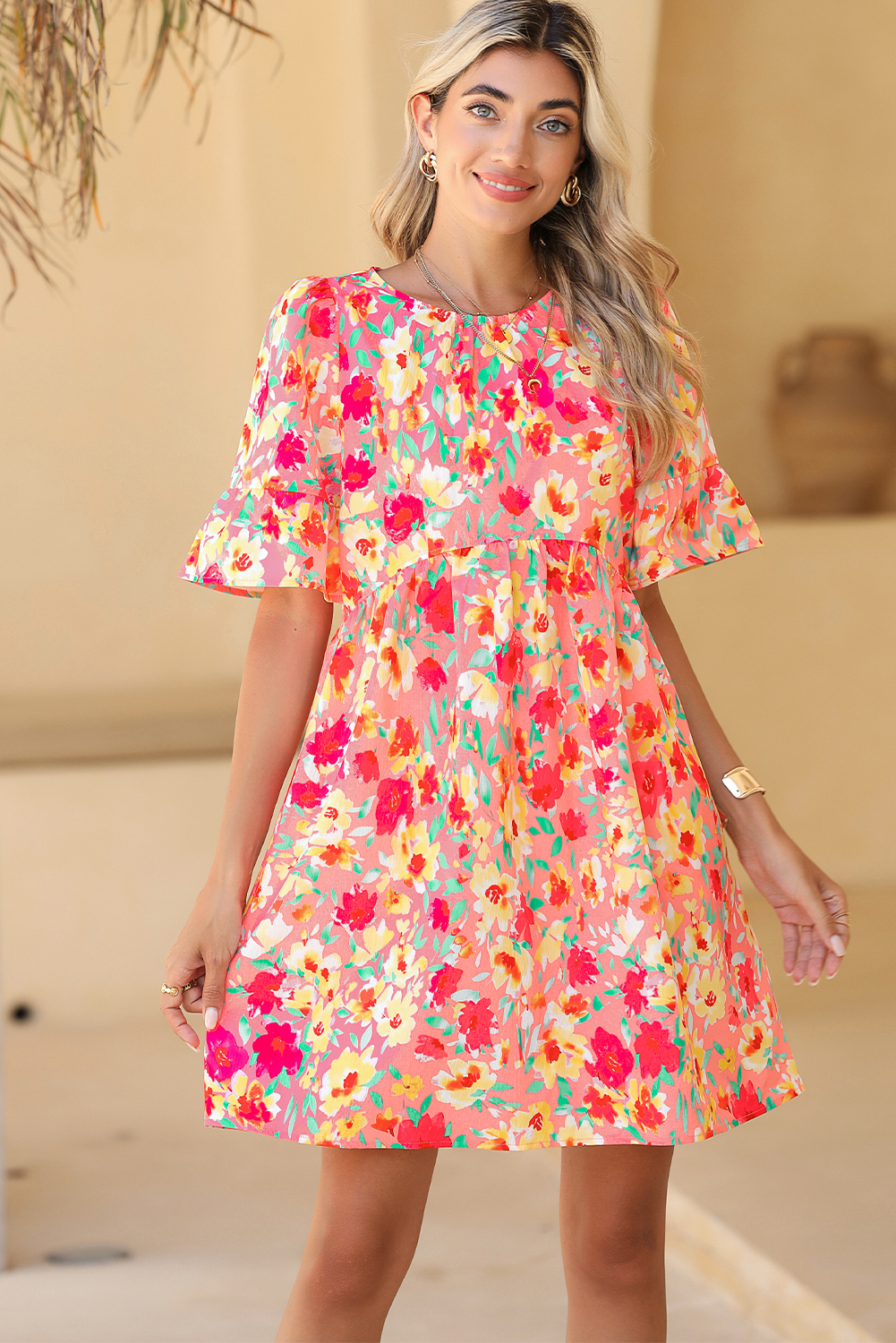 Shewin Wholesale Spring Multicolor Floral Print Flounce Sleeve Pleated Mini Dress