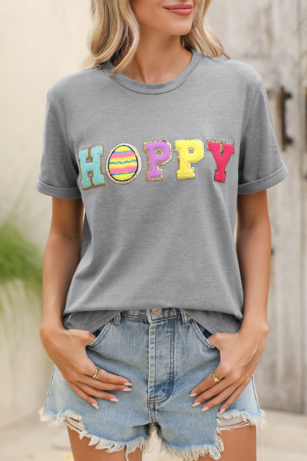 Shewin Wholesale New arrival Gray Easter Egg HAPPY Chenille Letter Graphic T SHIRT