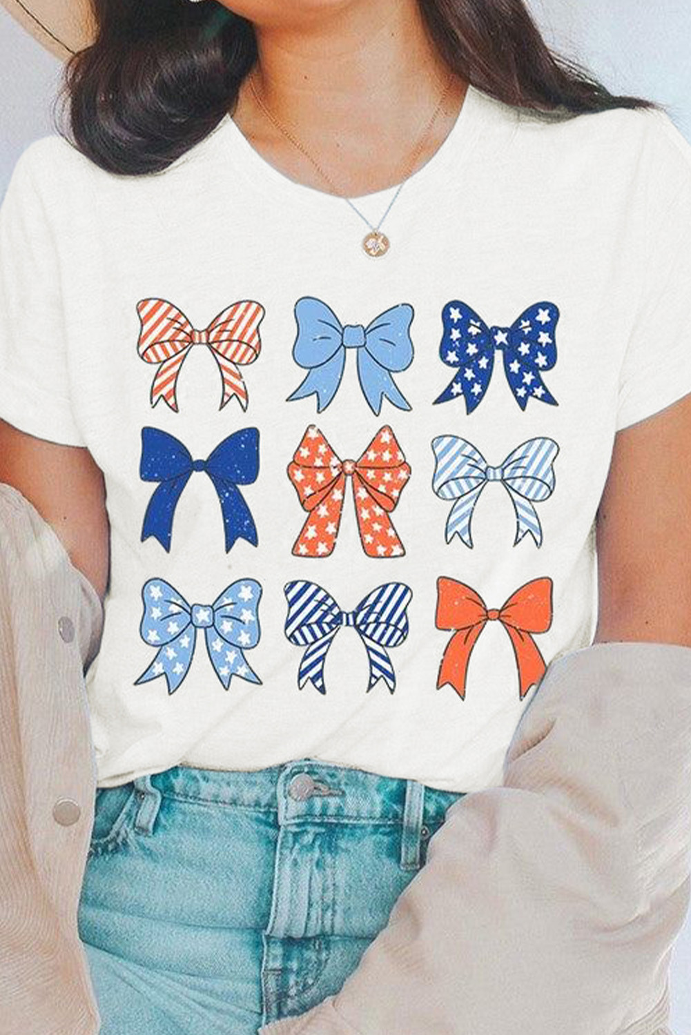 White Stars and Stripes Bowknot Graphic Crew Neck Tee
