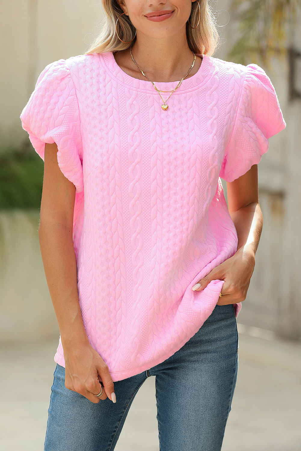 Shewin Wholesale Clothing Pink Textured Puff Sleeve Round Neck T-SHIRT