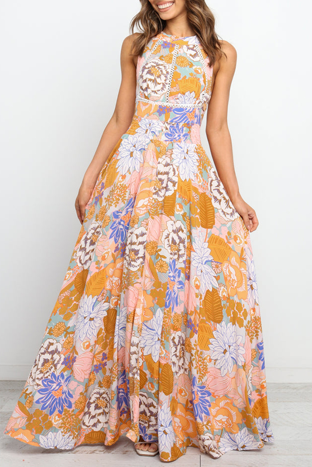 Orange Boho Floral Print Backless Lace-up Halter Maxi DRESS