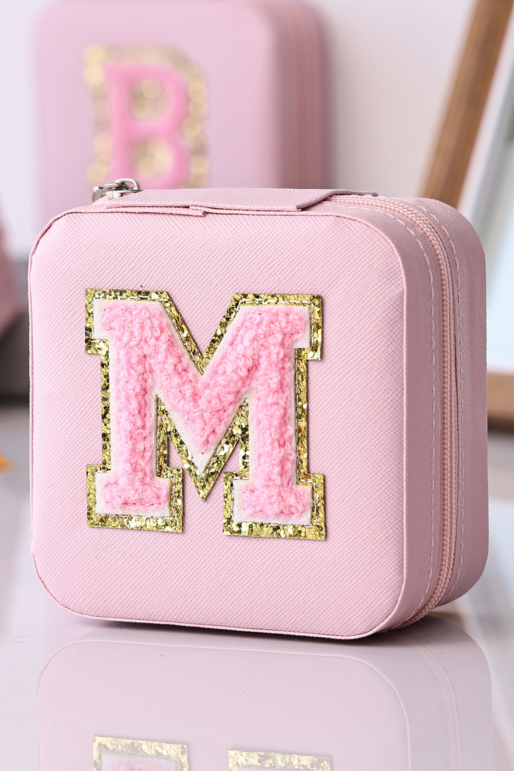 Pink Initial M Chenille Square JEWELRY Box