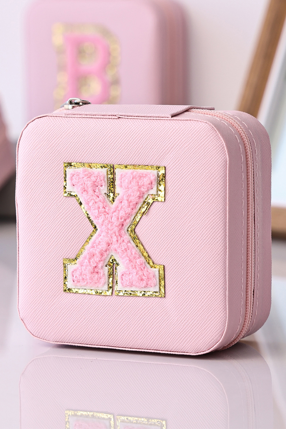 Shewin Wholesale Distributor Pink Chenille X Graphic JEWELRY Case with Mirror