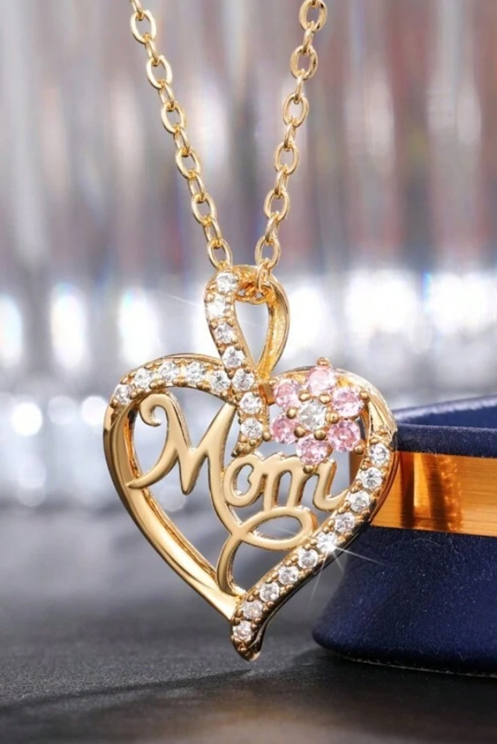 Shewin Wholesale Suppliers Gold Mom Rhinestone Flower Hollow-out Heart Necklace