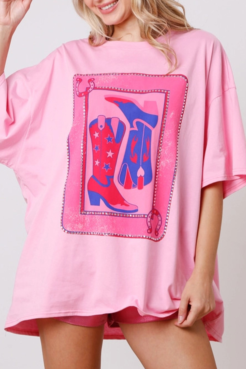 Shewin Wholesale Boutique Pink BOOTS Card Graphic Oversized Round Neck T Shirt