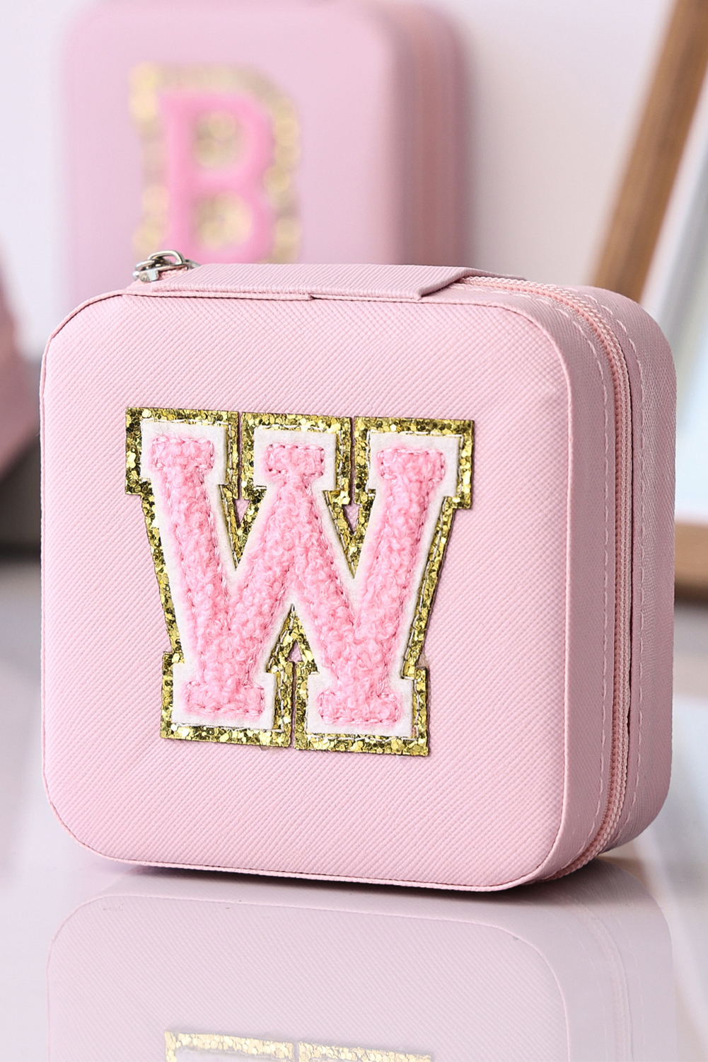 Shewin Wholesale Distributor Pink Glitter Chenille Letter W JEWELRY Box with Mirror
