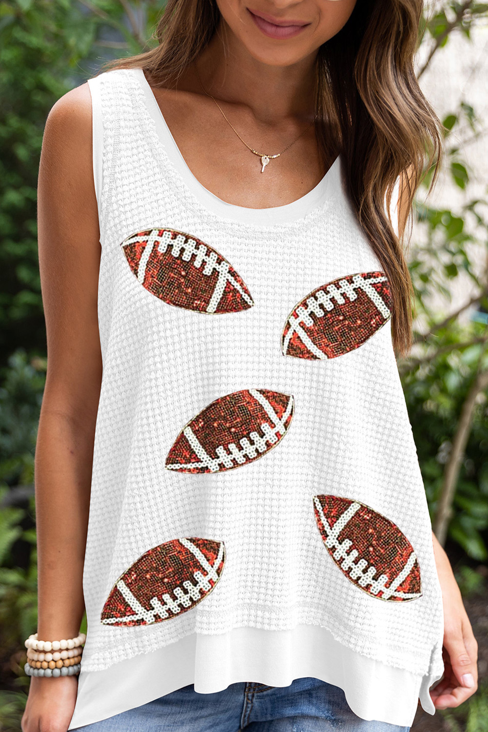 White Waffle Knit Sequin Rugby Graphic TANK TOP