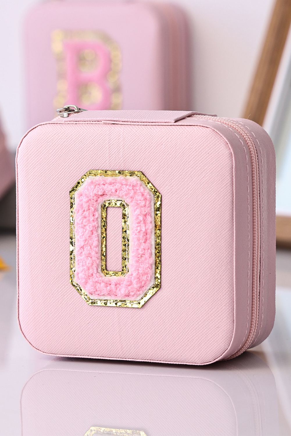 Shewin Wholesale Distributor Pink O Initial Chenille JEWELRY Box with Mirror