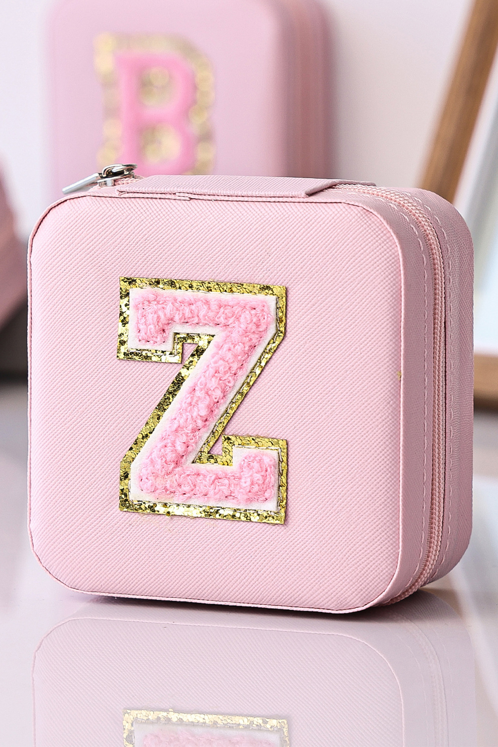 Shewin Wholesale Distributor Pink Glitter Chenille Z Graphic Mini JEWELRY Box with Mirror