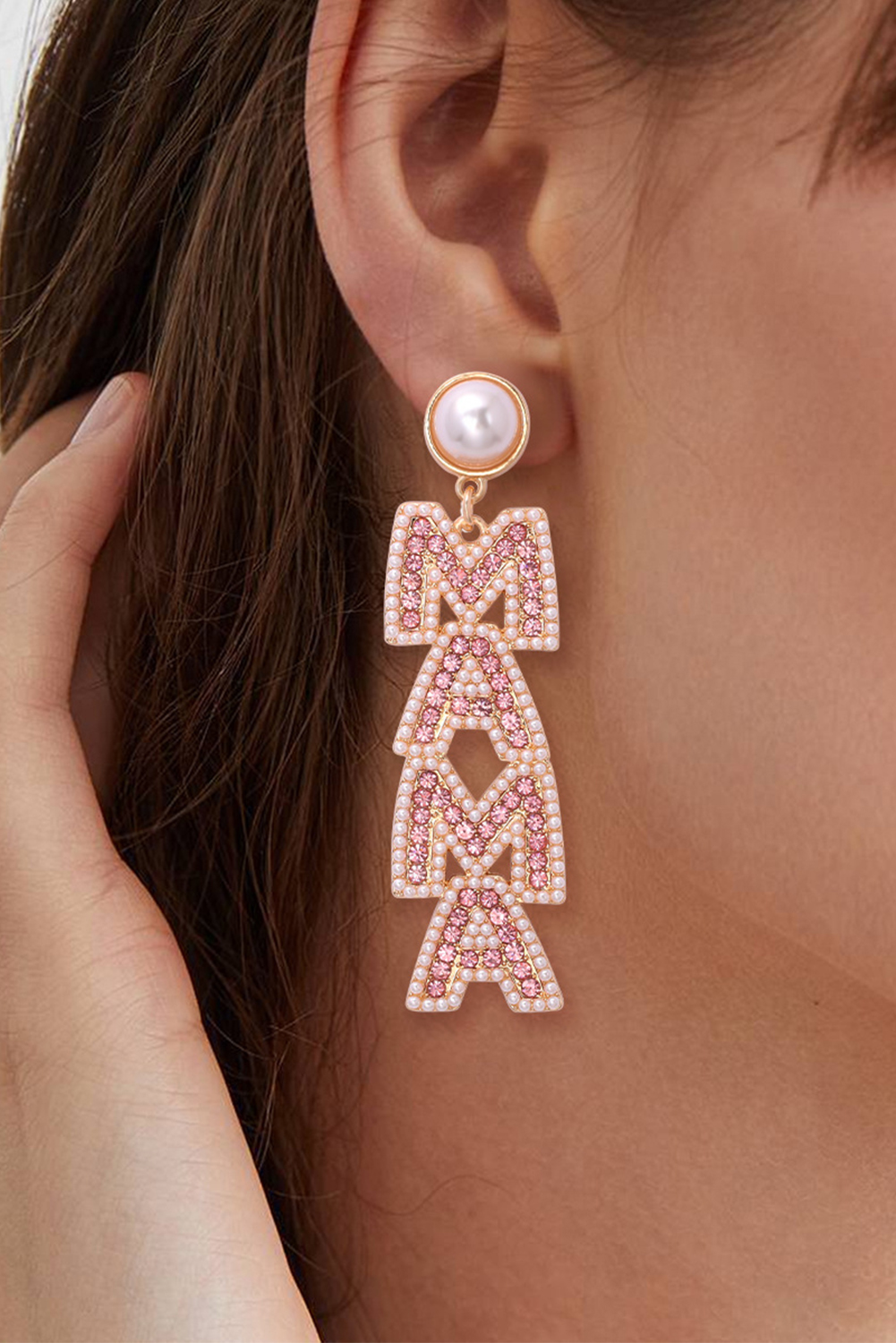 Shewin Wholesale Boutique Apricot Pink MAMA Rhinestone Pearl Dangle Stud Earrings